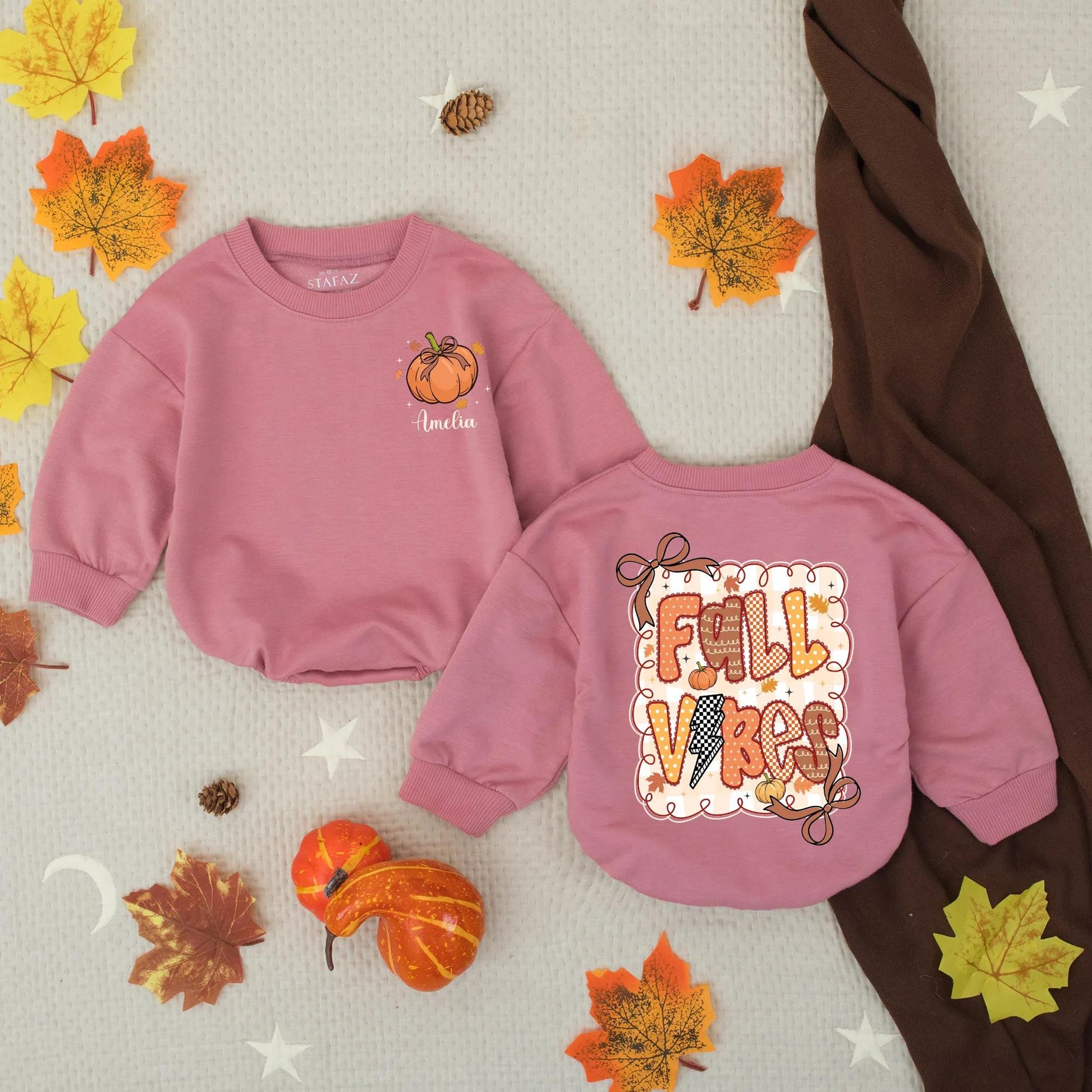 Personalized Fall Vibes Romper, Pumpkin & Leaves Thanksgiving Outfit, Custom Name Amelia Autumn Baby Clothes Preppy Checkered Toddler Gift 137 chars