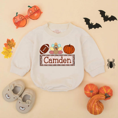 Personalized My 1st Thanksgiving Romper, Camden Football Turkey Pumpkin Outfit, Baby Boy Fall Bodysuit, Game Day Clothes, Thanksgiving Gift