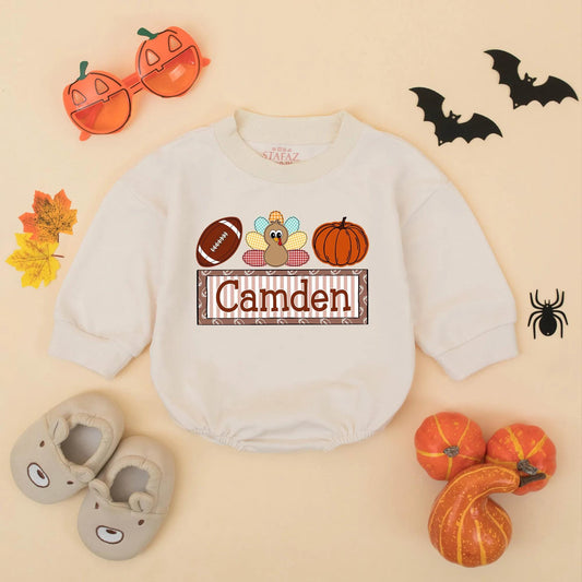 Personalized My 1st Thanksgiving Romper, Camden Football Turkey Pumpkin Outfit, Baby Boy Fall Bodysuit, Game Day Clothes, Thanksgiving Gift