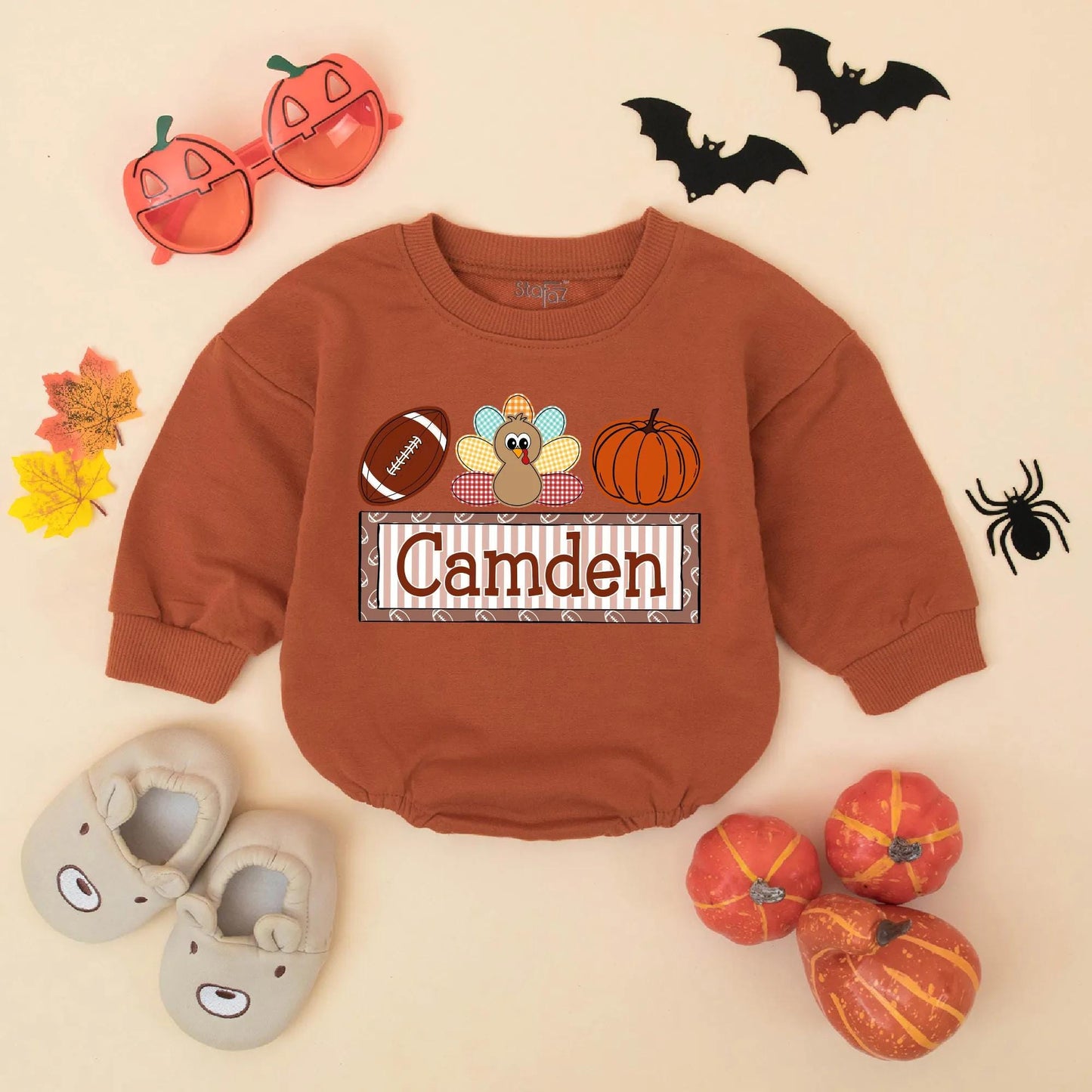 Personalized My 1st Thanksgiving Romper, Camden Football Turkey Pumpkin Outfit, Baby Boy Fall Bodysuit, Game Day Clothes, Thanksgiving Gift