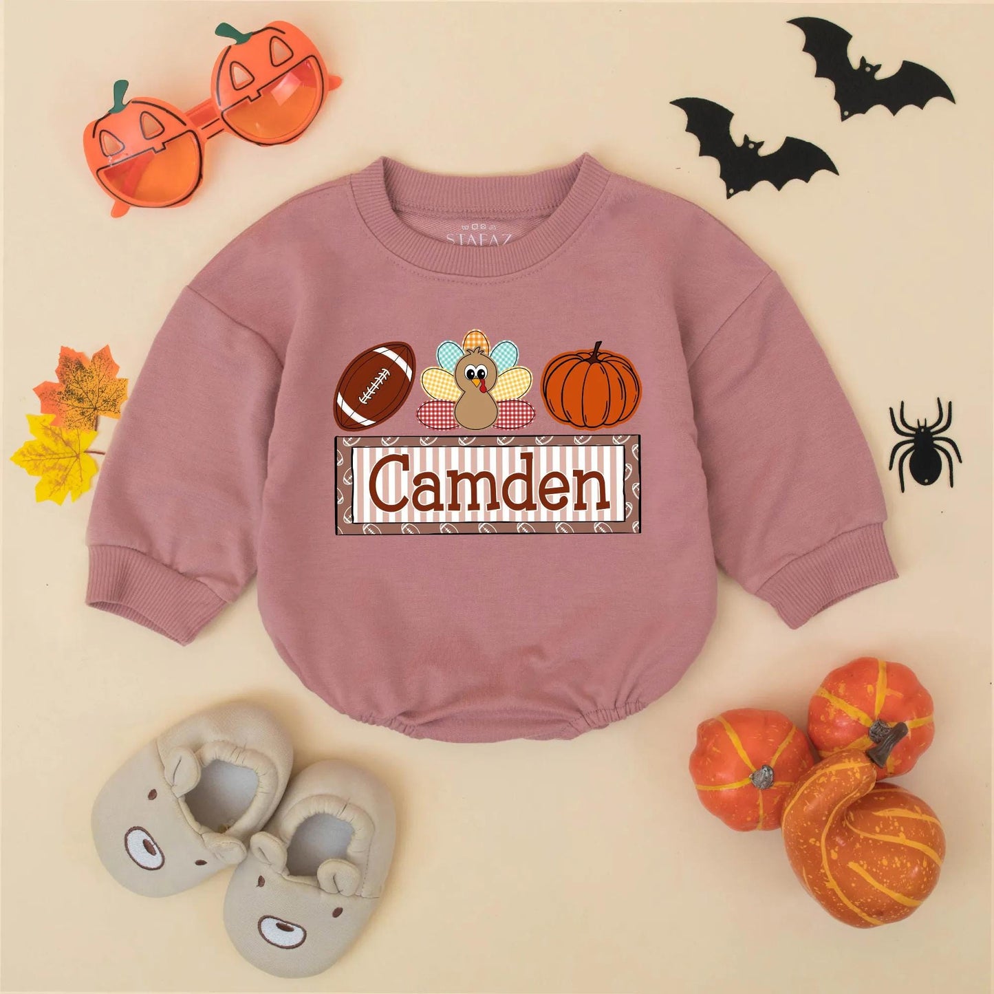 Personalized My 1st Thanksgiving Romper, Camden Football Turkey Pumpkin Outfit, Baby Boy Fall Bodysuit, Game Day Clothes, Thanksgiving Gift