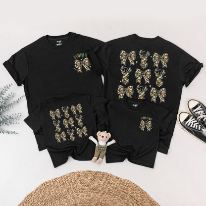 The Big One First Birthday Hunting Family Matching Camo Shirts for Mom Dad Baby Playful Deer Bow Silhouette Harper Design Rustic Celebration