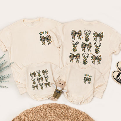 The Big One First Birthday Hunting Family Matching Camo Shirts for Mom Dad Baby Playful Deer Bow Silhouette Harper Design Rustic Celebration