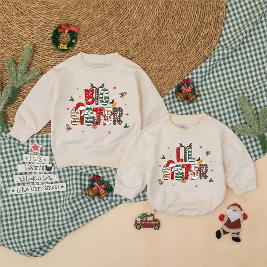Big Brother Lil Sister Christmas Matching Outfit, Holiday Sibling Sweatshirt Romper Set for Baby Toddler, Festive Reindeer Snowflakes Clothes Gift (138 chars)