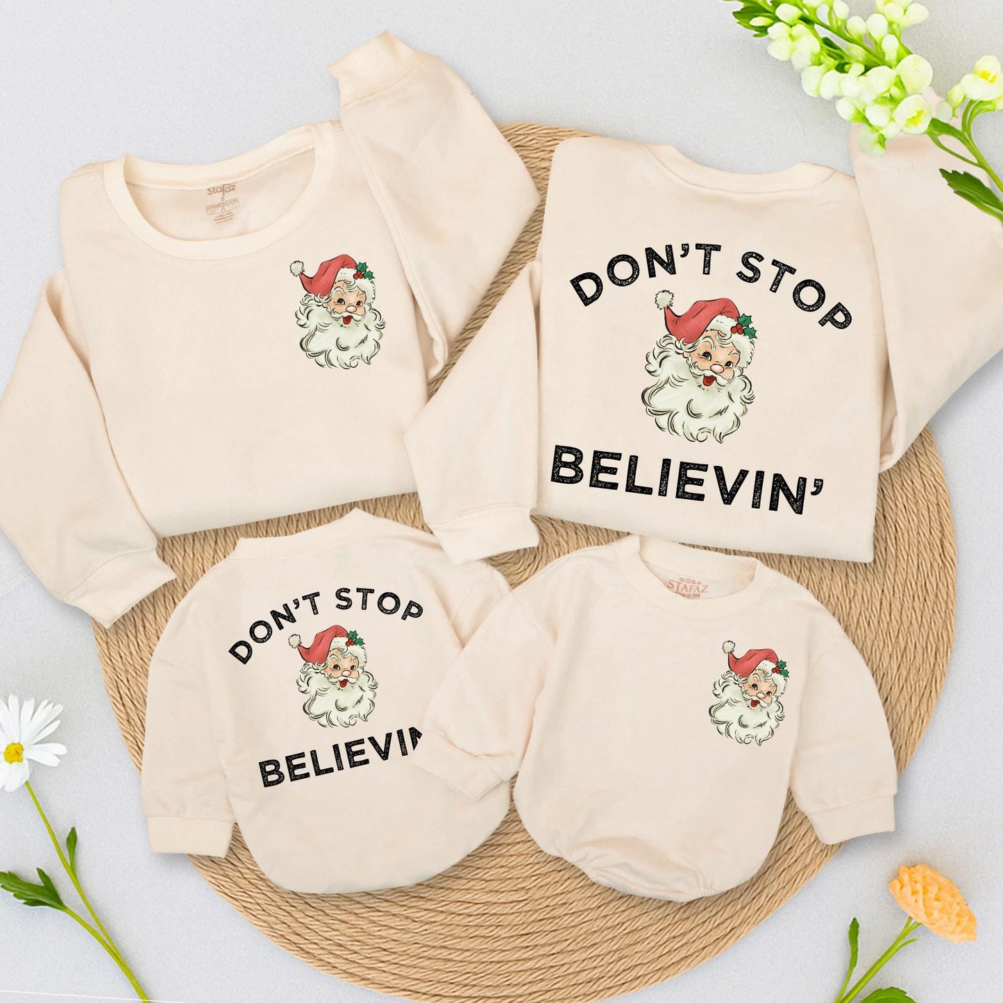 Retro Santa Claus Sweatshirt Don't Stop Believin' Vintage Christmas Gift Women's Cozy Holiday Apparel