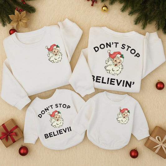 Retro Santa Claus Sweatshirt Don't Stop Believin' Vintage Christmas Gift Women's Cozy Holiday Apparel