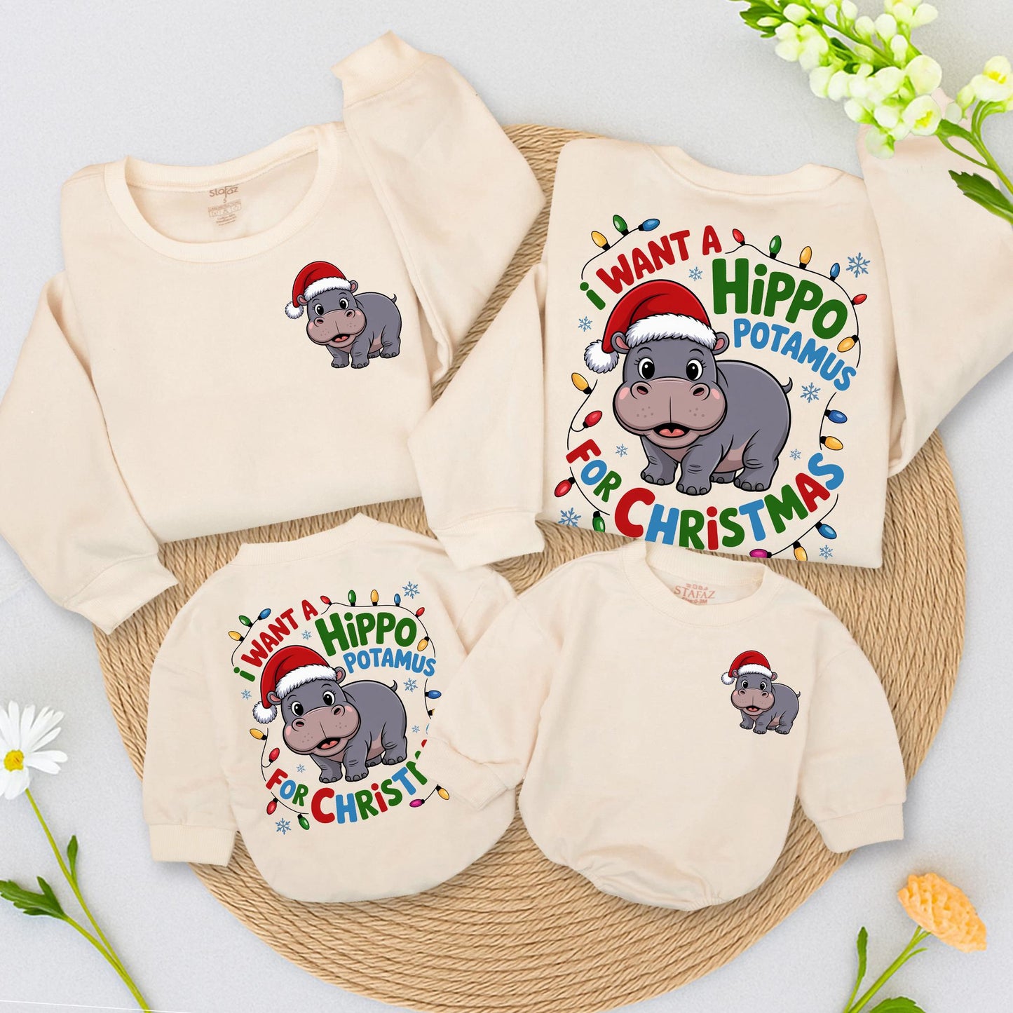 Retro Hippo Christmas Lights Sweatshirt: I Want A Hippopotamus For Christmas, Cute Holiday Sweater with Cartoon Santa Hippo, Xmas Gift Idea  (137 chars)