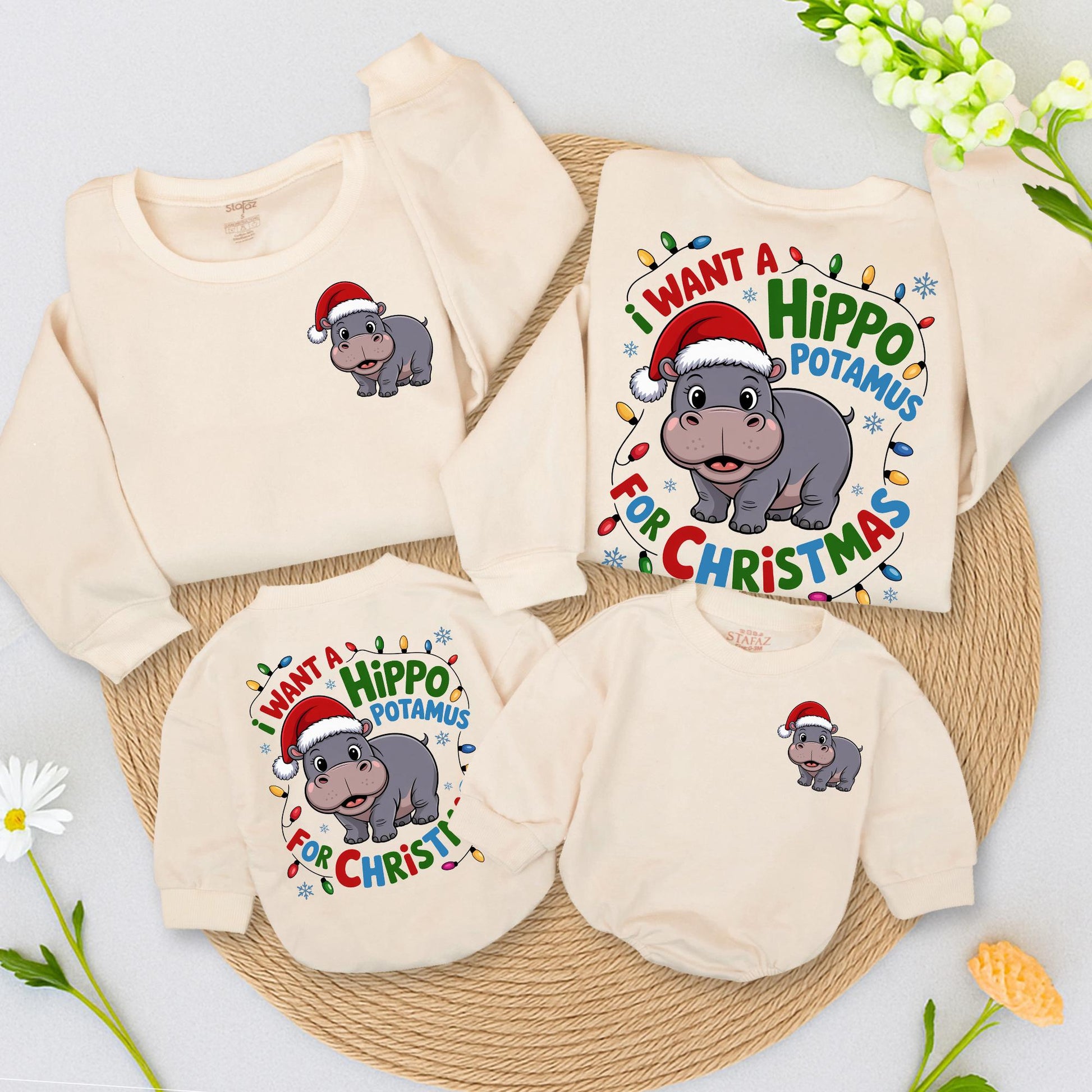 Retro Hippo Christmas Lights Sweatshirt: I Want A Hippopotamus For Christmas, Cute Holiday Sweater with Cartoon Santa Hippo, Xmas Gift Idea  (137 chars)