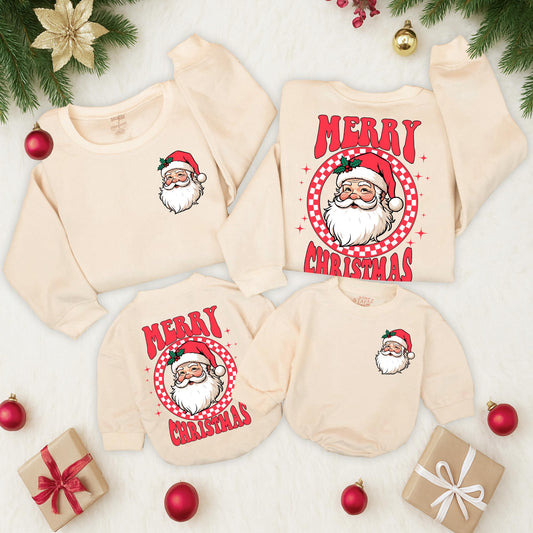 Retro Santa Christmas Sweatshirt Toddler Outfit with Vintage Graphic Merry Christmas Design Baby Newborn Romper Family Matching Winter Holiday Gift
