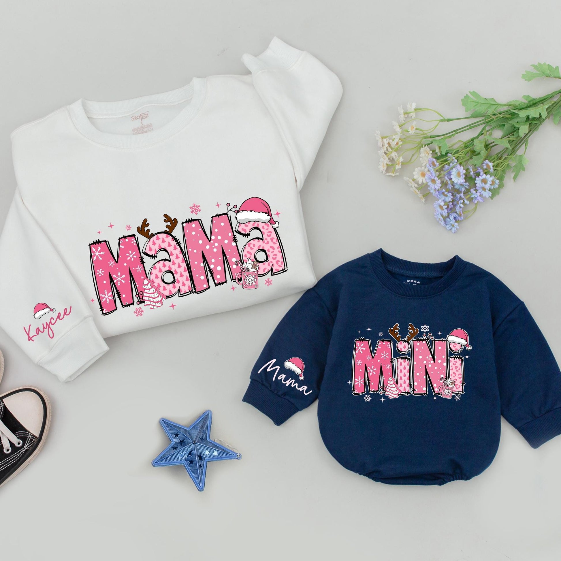Matching Mama Mini Christmas Sweaters, Retro Pink Snowflake Design, Custom Family Outfit, Mommy and Me Shirts, Baby Romper Gift