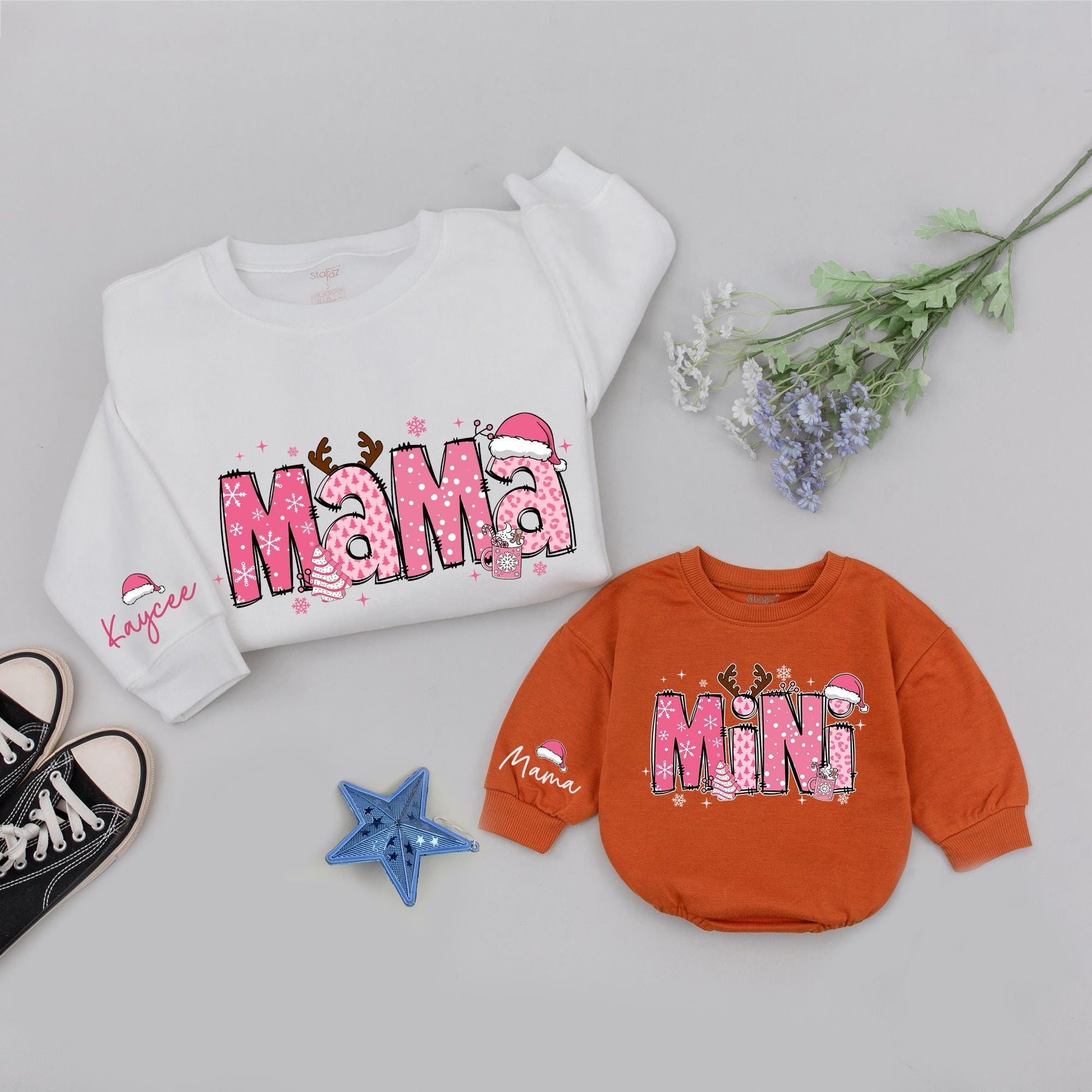 Matching Mama Mini Christmas Sweaters, Retro Pink Snowflake Design, Custom Family Outfit, Mommy and Me Shirts, Baby Romper Gift