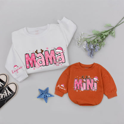 Matching Mama Mini Christmas Sweaters, Retro Pink Snowflake Design, Custom Family Outfit, Mommy and Me Shirts, Baby Romper Gift
