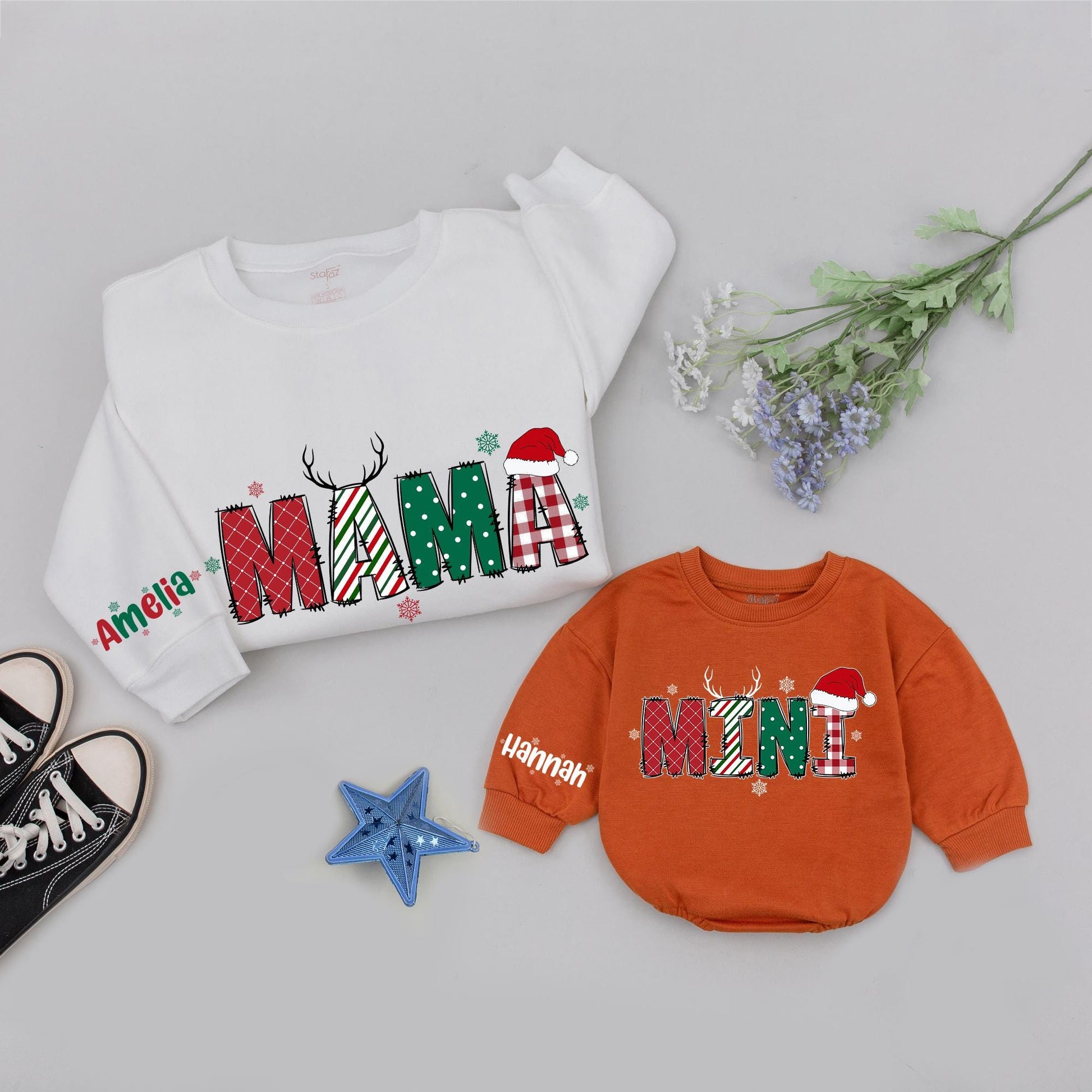 Matching Family Christmas Sweaters: Personalized Mama Mini Holiday Outfit, Red & Green Design, Plaid, Dotted & Striped Letters, Reindeer, Santa
