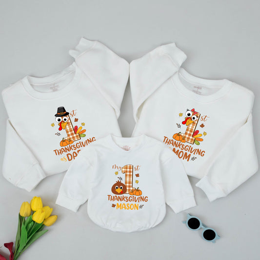 Personalized My First Thanksgiving Matching Family Shirts Baby Sweatshirt Mom Dad Kids Fall Thankful Pilgrim Turkey Plaid Pumpkin Outfit