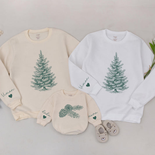 Matching Family Christmas Tree Sweaters, Personalized Pinecone & Pine Needle Design, Mommy & Me, Baby Romper Gift