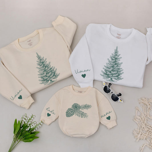 Matching Family Christmas Tree Sweaters, Personalized Pinecone & Pine Needle Design, Mommy & Me, Baby Romper Gift