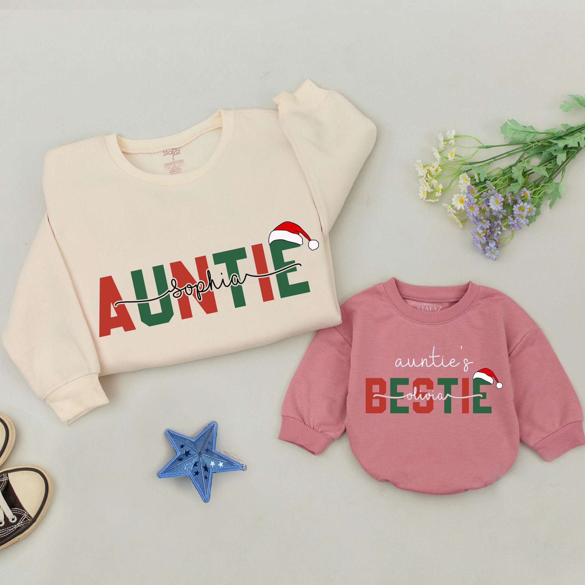 Personalized Auntie & Auntie's Bestie Sweatshirts with Santa Hat Red Green Christmas Design for Niece and Aunt Matching Family Holiday Gifts
