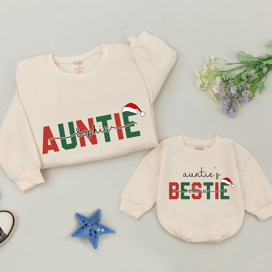 Personalized Auntie & Auntie's Bestie Sweatshirts with Santa Hat Red Green Christmas Design for Niece and Aunt Matching Family Holiday Gifts