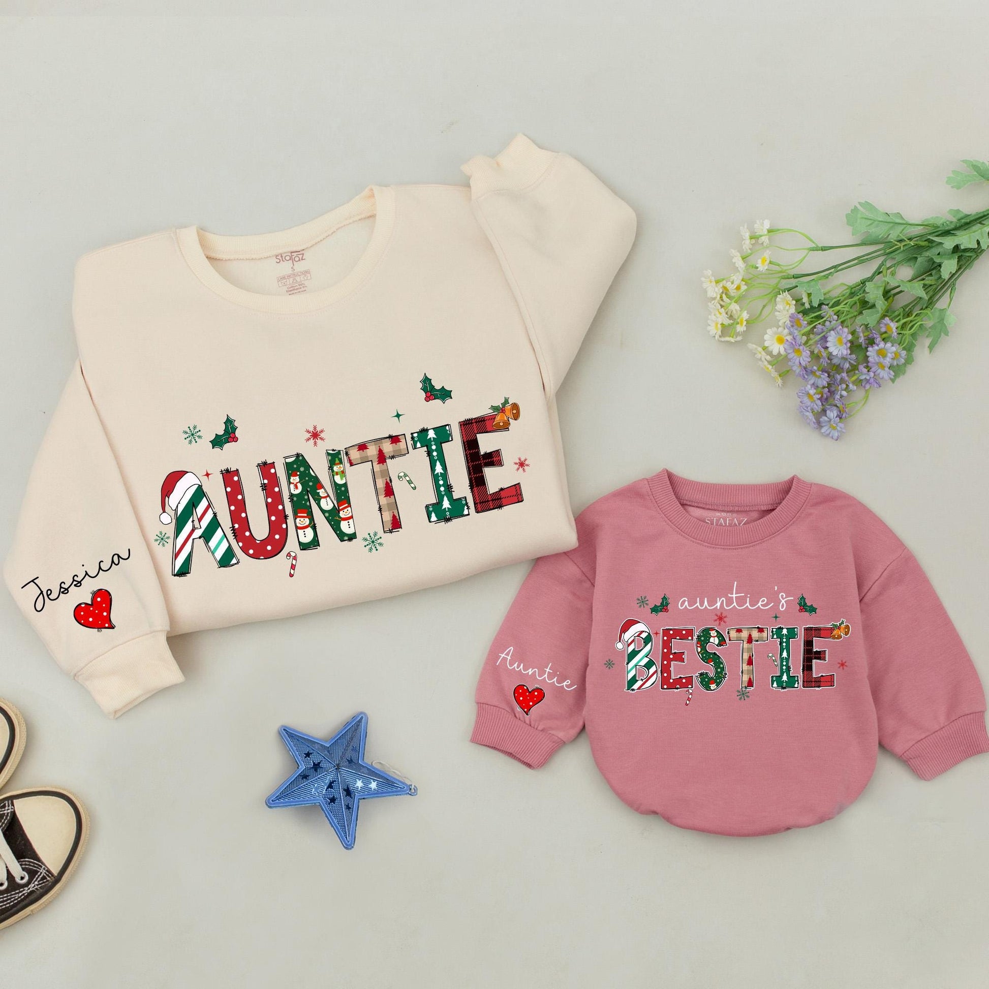 Festive Auntie's Bestie Christmas Sweatshirt: Personalized Names, Red & Green Plaid, Snowmen Holiday Outfit, Custom Aunt Gift, Matching Family Fun (139)