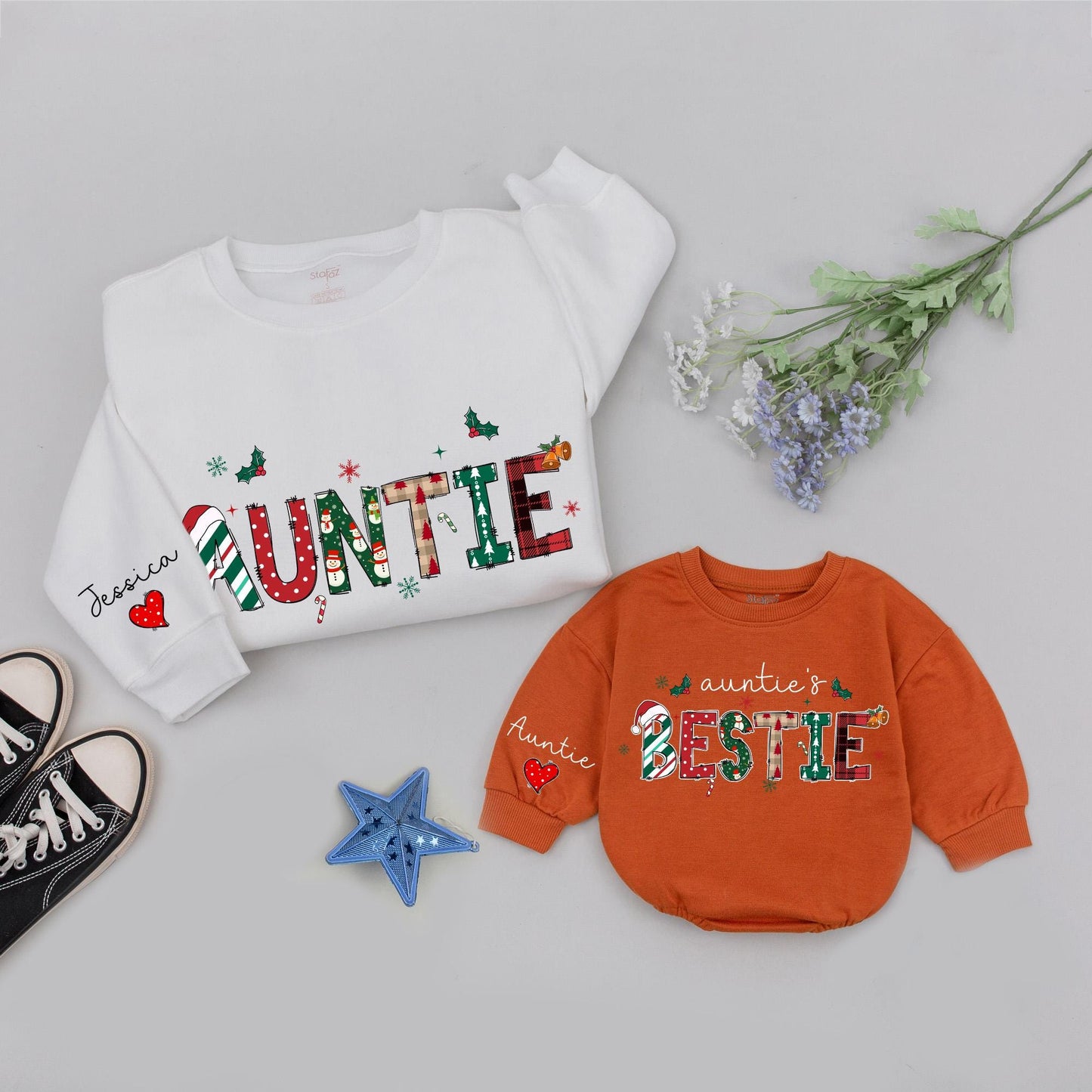 Festive Auntie's Bestie Christmas Sweatshirt: Personalized Names, Red & Green Plaid, Snowmen Holiday Outfit, Custom Aunt Gift, Matching Family Fun (139)