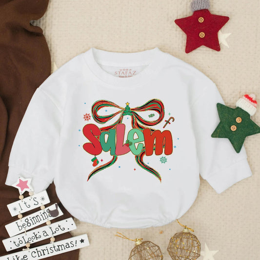 Personalized Salem Baby Girl Christmas Romper: Festive Bow Bodysuit with Glitter & Holiday Details, Custom Christmas Clothes, Santa Gift (138 chars)