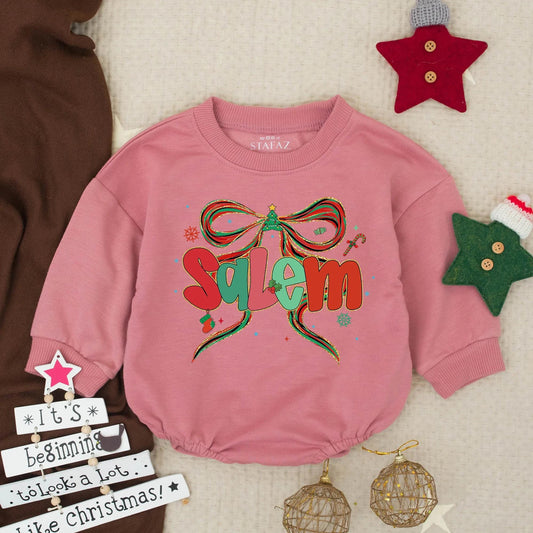 Personalized Salem Baby Girl Christmas Romper: Festive Bow Bodysuit with Glitter & Holiday Details, Custom Christmas Clothes, Santa Gift (138 chars)