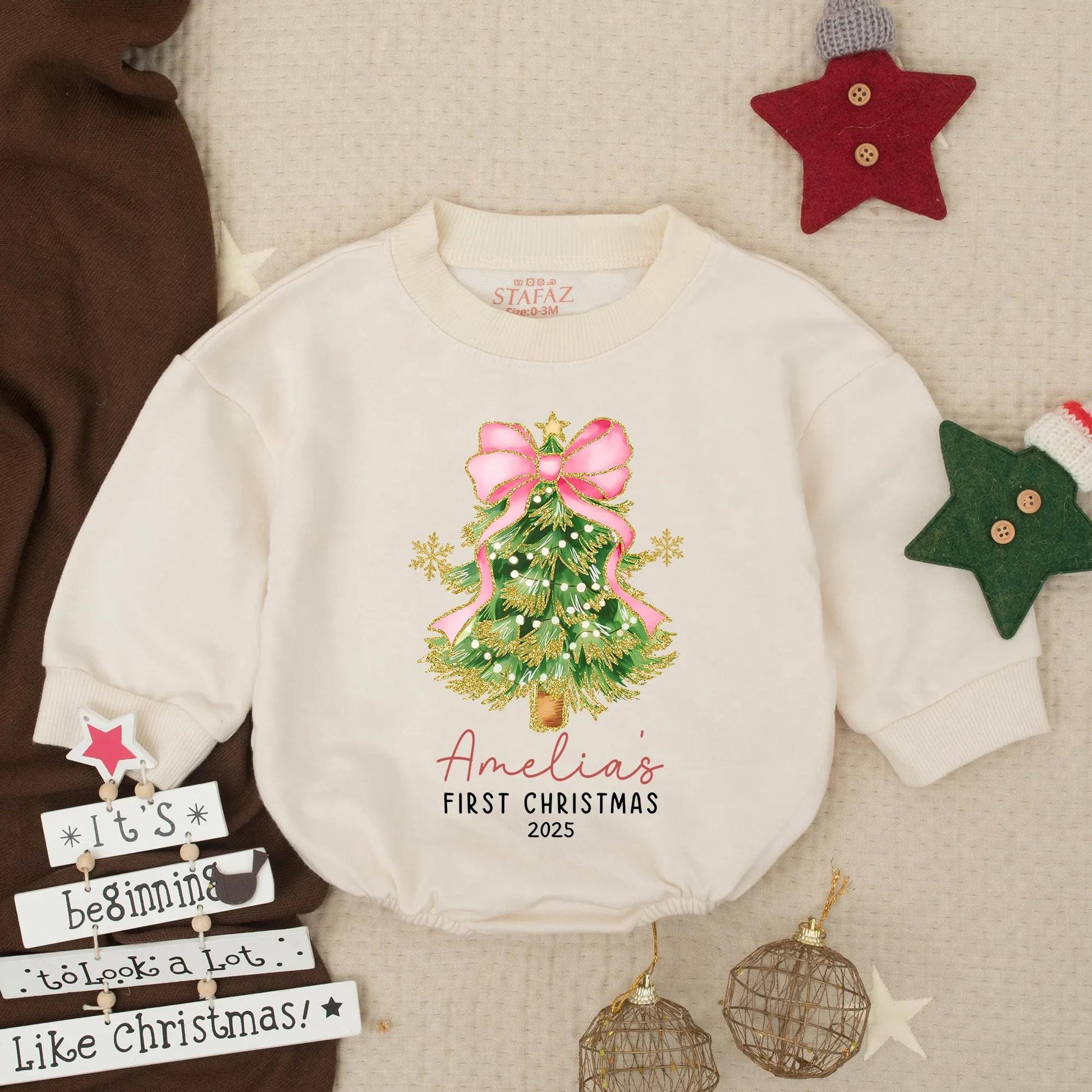 Amelia's First Christmas 2025 Romper, Gold Snowflake Christmas Tree Baby Bodysuit with Pink Bow, Girly Holiday Outfit, Newborn Gift, Personalized Romper