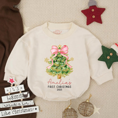 Amelia's First Christmas 2025 Romper, Gold Snowflake Christmas Tree Baby Bodysuit with Pink Bow, Girly Holiday Outfit, Newborn Gift, Personalized Romper