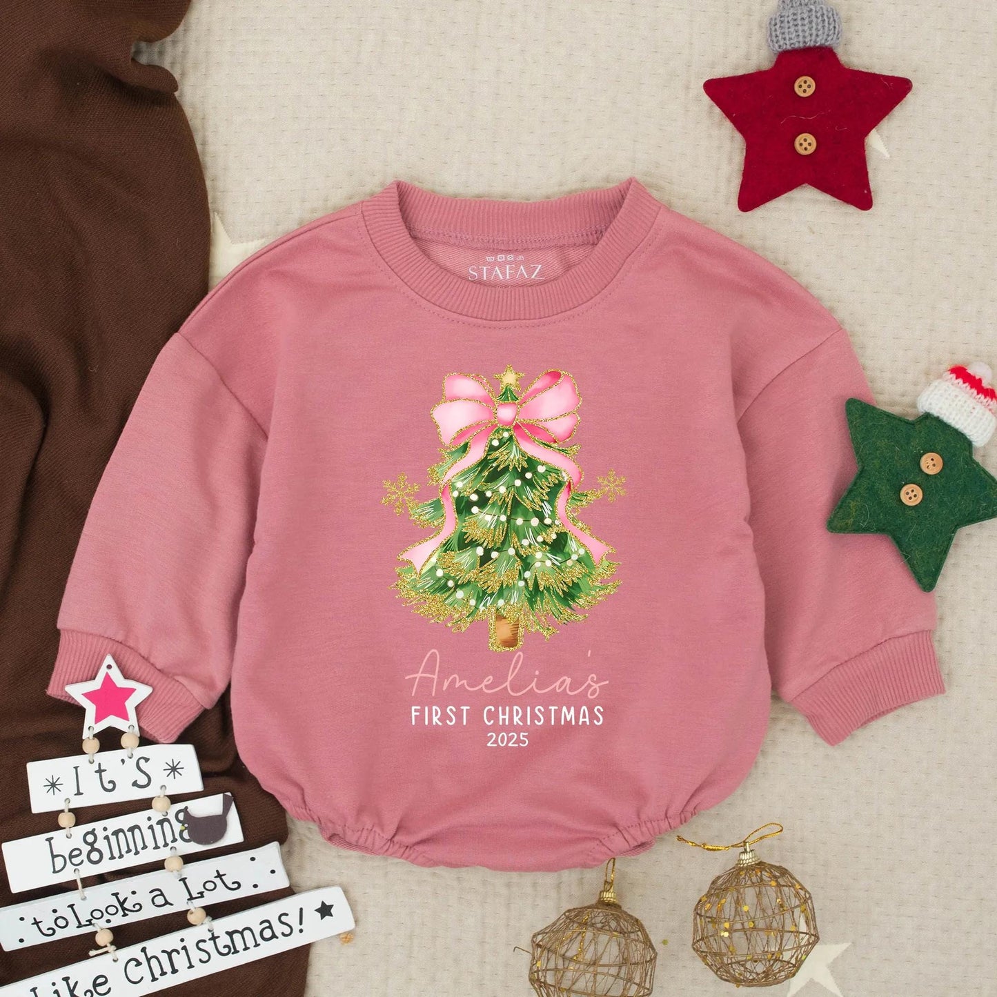 Amelia's First Christmas 2025 Romper, Gold Snowflake Christmas Tree Baby Bodysuit with Pink Bow, Girly Holiday Outfit, Newborn Gift, Personalized Romper