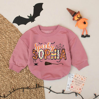 Spooky Sophia Halloween Romper Outfit, Custom First Halloween Baby Girl Clothes with Bats, Spiderwebs, Pumpkins Cartoon Design Cute Personalized Gift 