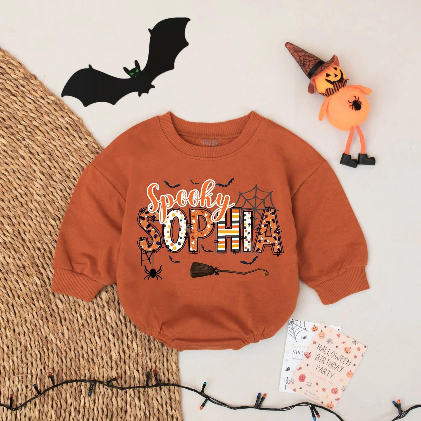 Spooky Sophia Halloween Romper Outfit, Custom First Halloween Baby Girl Clothes with Bats, Spiderwebs, Pumpkins Cartoon Design Cute Personalized Gift 