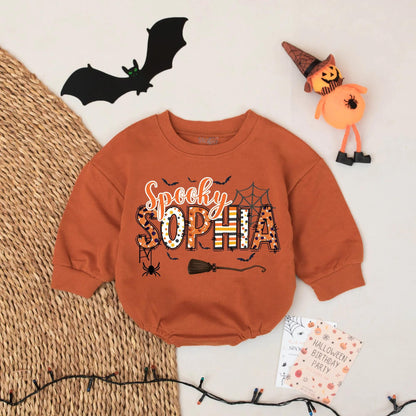 Spooky Sophia Halloween Romper Outfit, Custom First Halloween Baby Girl Clothes with Bats, Spiderwebs, Pumpkins Cartoon Design Cute Personalized Gift 