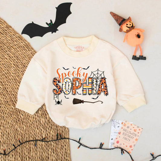 Spooky Sophia Halloween Romper Outfit, Custom First Halloween Baby Girl Clothes with Bats, Spiderwebs, Pumpkins Cartoon Design Cute Personalized Gift 