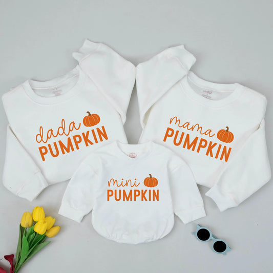 Mama PUMPKIN Dada PUMPKIN Mini PUMPKIN Fall Family Matching Sweatshirt Cute Orange Pumpkin Patch Mommy and Me Outfits Thanksgiving
