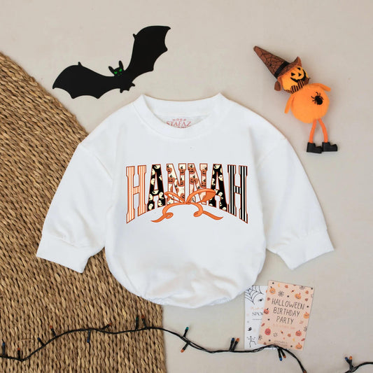 Custom Hannah Halloween Baby Bubble Romper Outfit featuring Spooky Jack-o-Lanterns Ghosts & Orange Ribbon Design Infant Girl First Halloween Gift