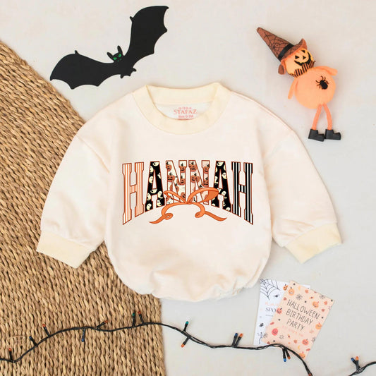 Custom Hannah Halloween Baby Bubble Romper Outfit featuring Spooky Jack-o-Lanterns Ghosts & Orange Ribbon Design Infant Girl First Halloween Gift