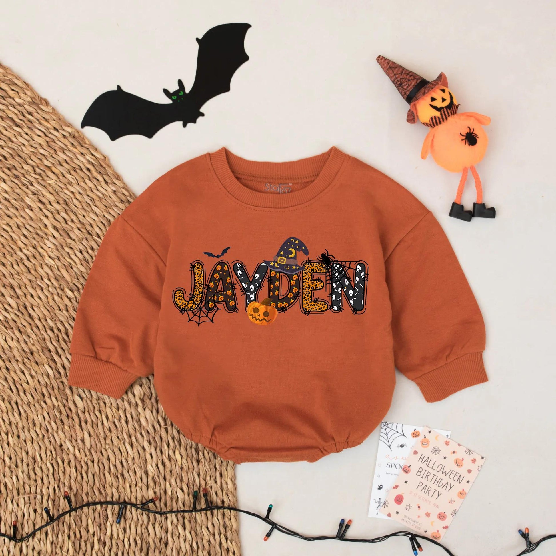 Personalized Halloween Baby Name Bubble Romper Infant Boy Outfit with Spooky Spiderweb Pumpkin Skull Witch Hat Design First Celebration