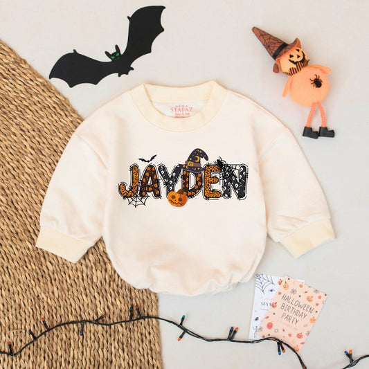 Personalized Halloween Baby Name Bubble Romper Infant Boy Outfit with Spooky Spiderweb Pumpkin Skull Witch Hat Design First Celebration