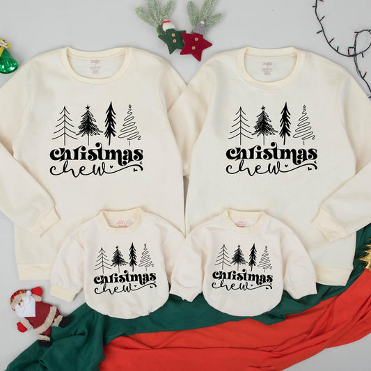 Cute Christmas Crew Matching Family Pullover Black Graphic Trees & Cursive Text Holiday Outfits Baby Toddler Kids Adult Sweaters
