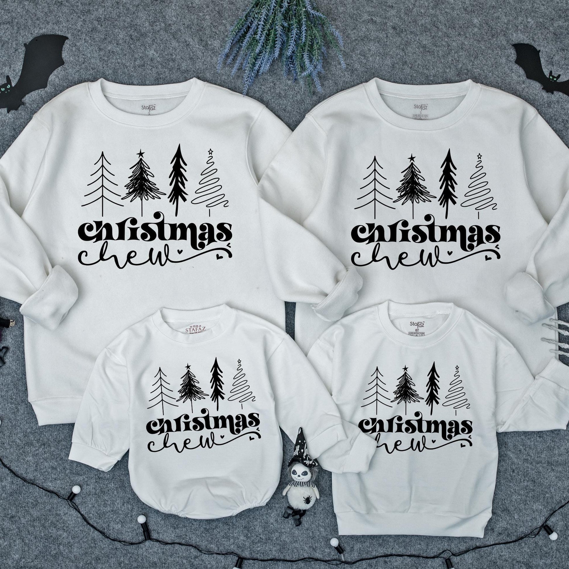 Cute Christmas Crew Matching Family Pullover Black Graphic Trees & Cursive Text Holiday Outfits Baby Toddler Kids Adult Sweaters