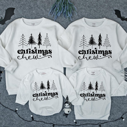 Cute Christmas Crew Matching Family Pullover Black Graphic Trees & Cursive Text Holiday Outfits Baby Toddler Kids Adult Sweaters