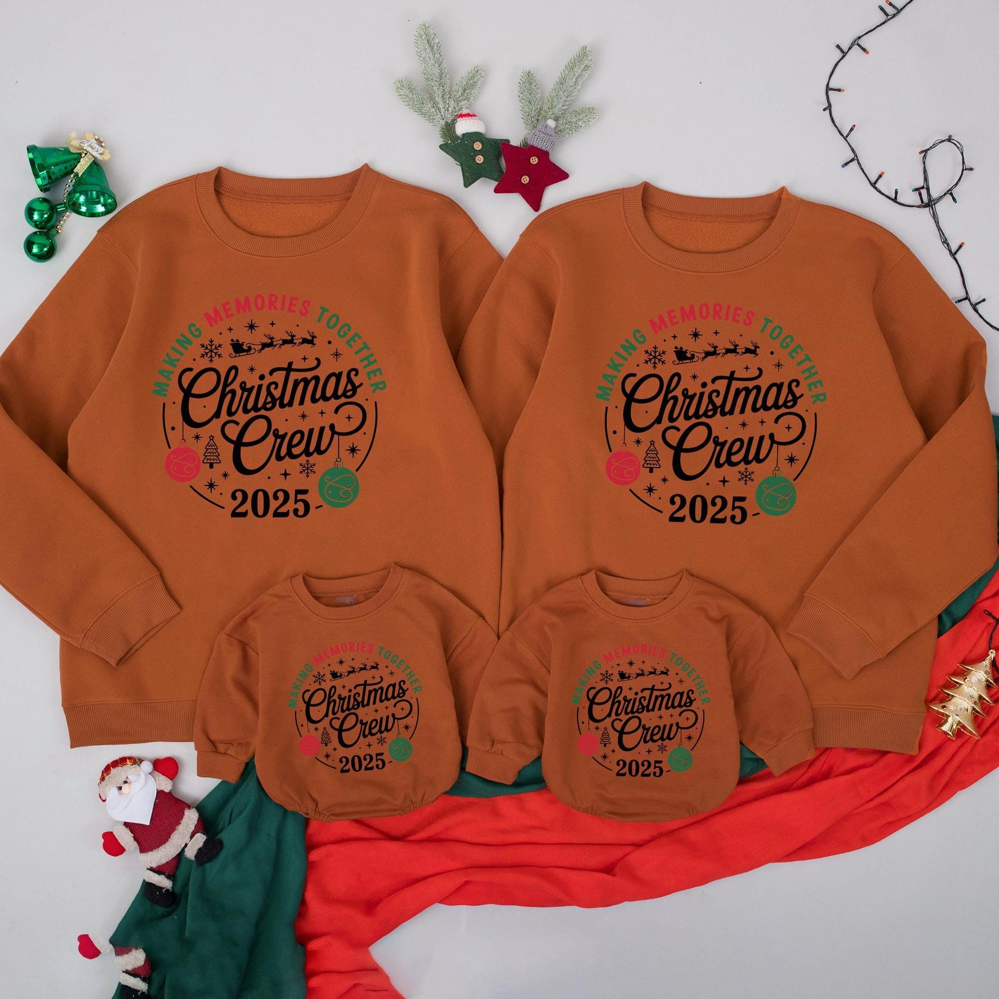 Matching Family Christmas Crew 2025 Pullover Sweatshirts Festive Red Green Snowflake Sleigh Design
