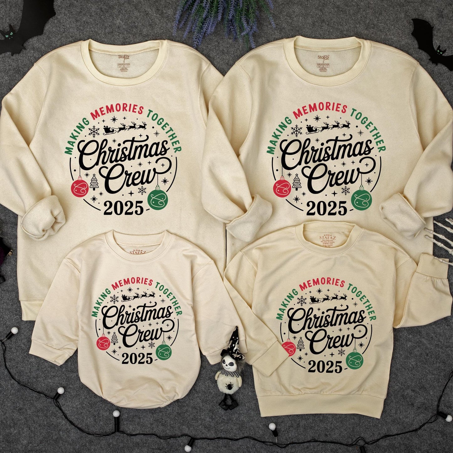 Matching Family Christmas Crew 2025 Pullover Sweatshirts Festive Red Green Snowflake Sleigh Design