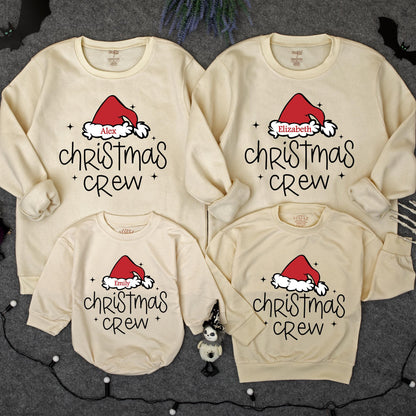 Matching Christmas Crew Family Sweatshirts with Santa Hat Design Custom Names Holiday Outfits