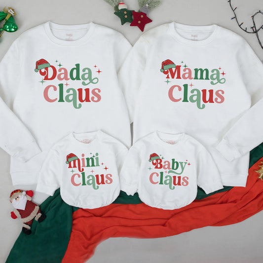 Custom Mama & Mini Claus Retro Christmas Matching Family Sweatshirt Set with Green & Red Vintage Stars Newborn Baby Romper Holiday Outfit