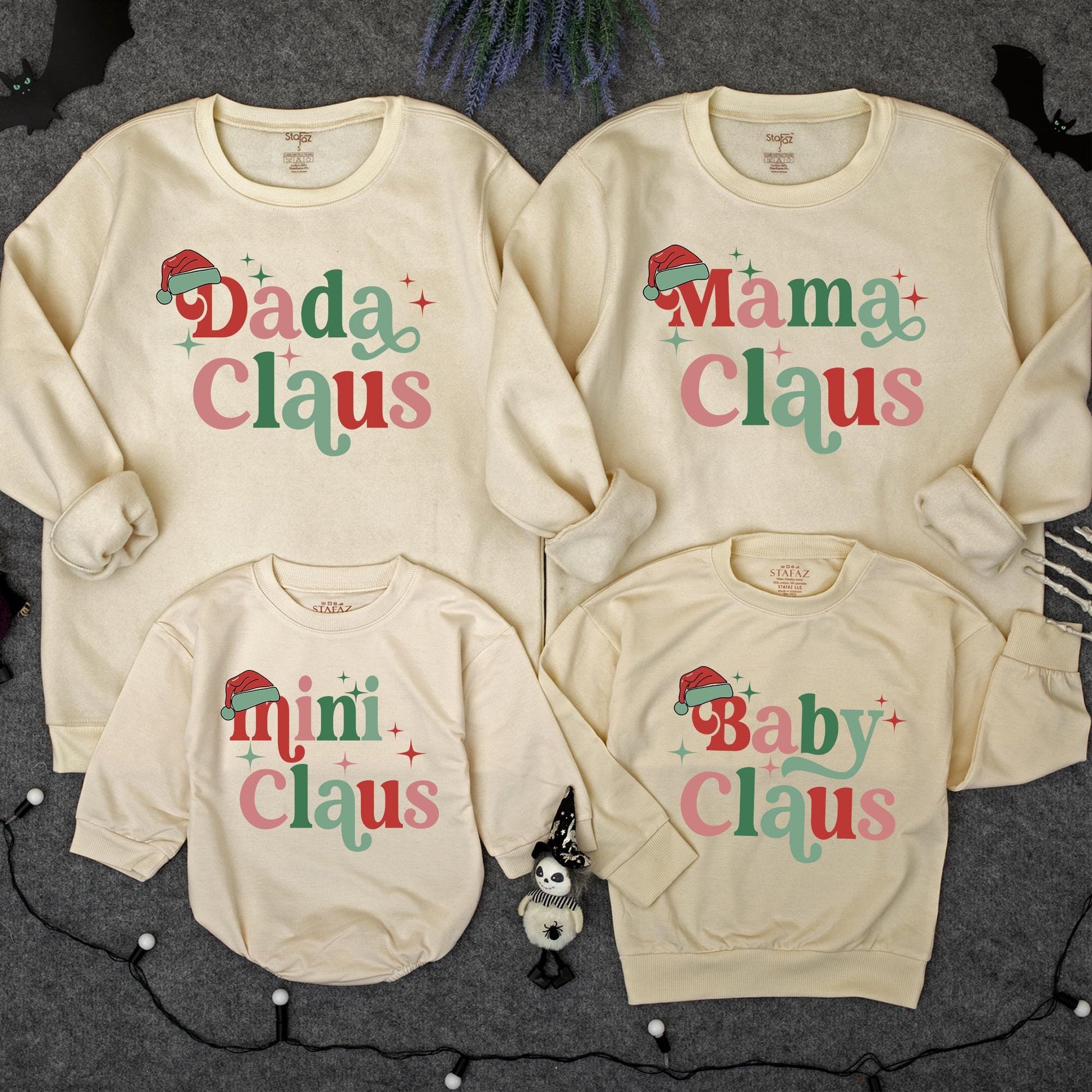 Custom Mama & Mini Claus Retro Christmas Matching Family Sweatshirt Set with Green & Red Vintage Stars Newborn Baby Romper Holiday Outfit
