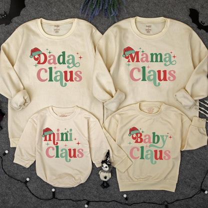 Custom Mama & Mini Claus Retro Christmas Matching Family Sweatshirt Set with Green & Red Vintage Stars Newborn Baby Romper Holiday Outfit