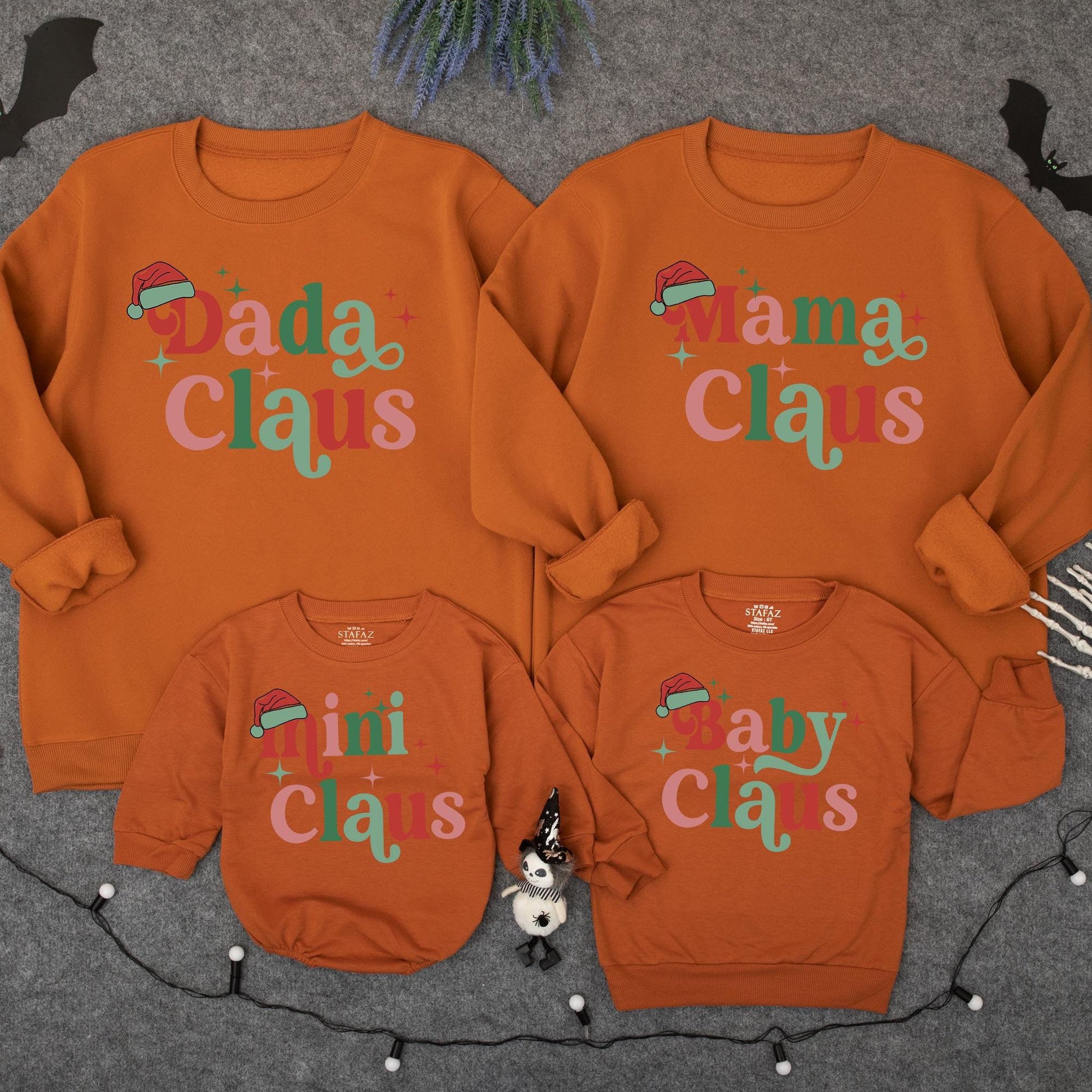Custom Mama & Mini Claus Retro Christmas Matching Family Sweatshirt Set with Green & Red Vintage Stars Newborn Baby Romper Holiday Outfit