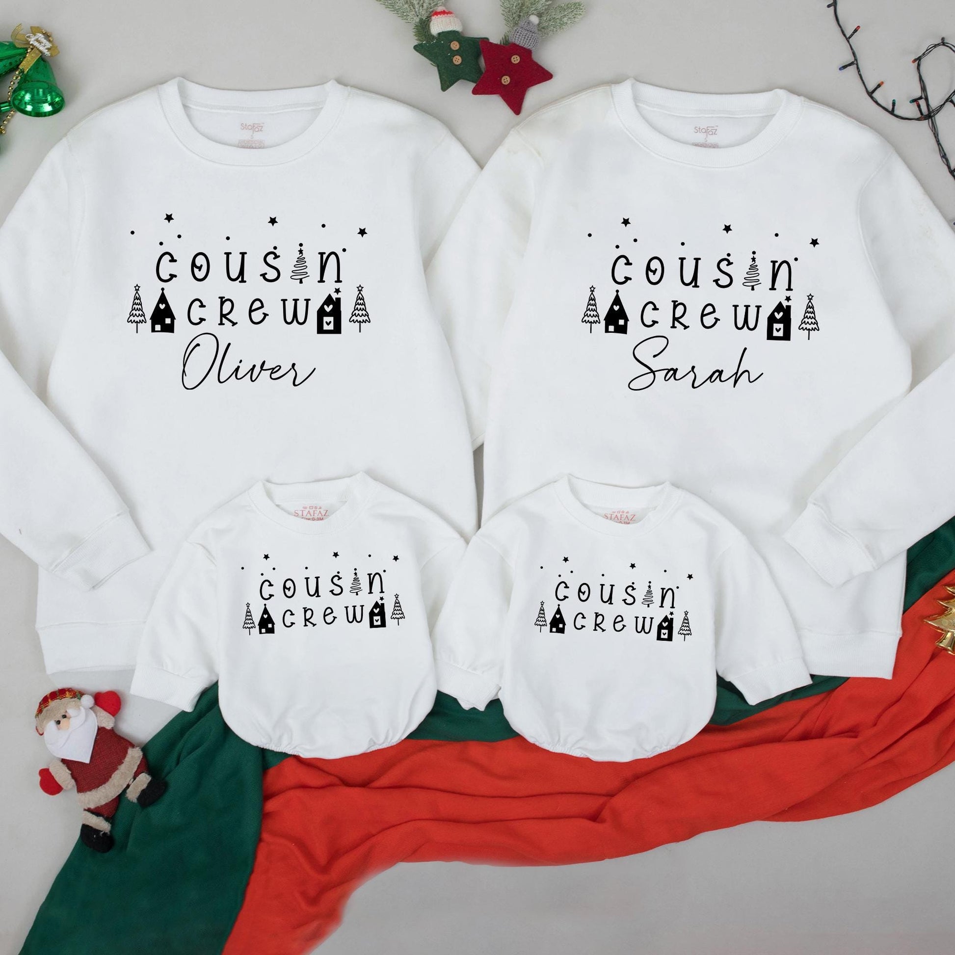 Matching Cousin Crew Christmas Sweatshirts Custom Names Retro Family Xmas Outfits Toddler Baby Holiday Clothes Stars Trees Houses