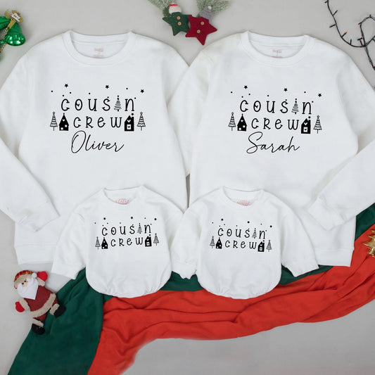 Matching Cousin Crew Christmas Sweatshirts Custom Names Retro Family Xmas Outfits Toddler Baby Holiday Clothes Stars Trees Houses